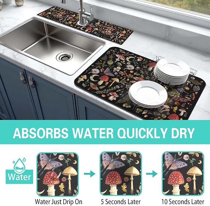 Dish Drying Mat for Kitchen Counter Matt, 2PCS 19"x12" Dish Drainer Mat & 24"x5.5" Sink Splash Guard, Super Absorbent Non-slip Rubber Backed
