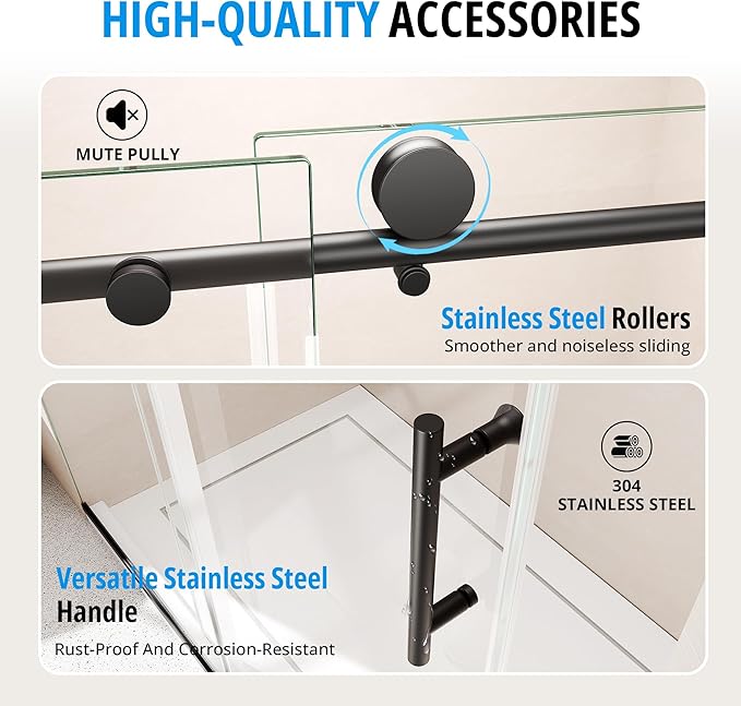 Frameless Sliding Shower Door 56–60 in W x 76 in H, 10mm Clear Tempered Glass Shower Doors Glass Sliding 60 Inches, Single Nano Coating, Stainless Steel Hardware, Silent Smooth Rollers, Matte Black