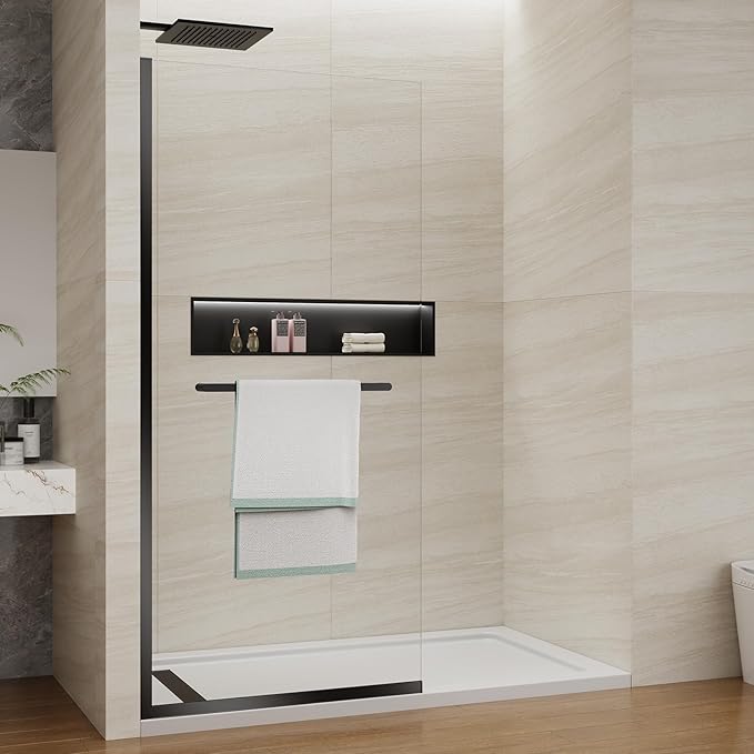 Shower Screen 36" x 76" Half Frameless Shower Wall Panel, Tempered Glass 3/8 inch, Easy to clean Coating, Fixed Glass Shower Door with Hardware (Matte Black with Towel Bar, 36" W X 76" H)