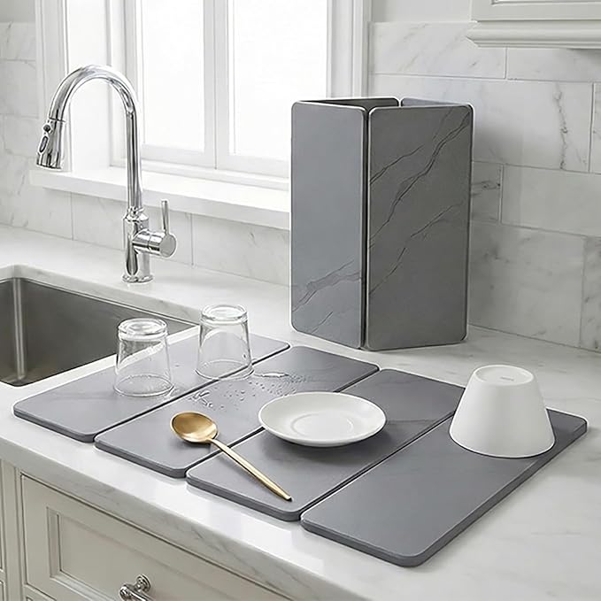 Large 4-Panel Stone Drying Mat for Kitchen Counter, 23"×16" – Fast Dry Diatomaceous Earth Dish Mat, Stable Hard Stone Pad for Dishes, Ice Maker & Air Fryer, Protects Premium Countertops