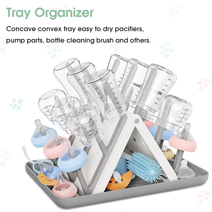 Large Baby Bottle Drying Rack, Space Saving 18 Hooks Slope Travel Bottle Dryer with Removable Drip Tray, Countertop Holder Organizer for Bottles & Baby Brushes Pacifiers and Pump Part-BPA Free