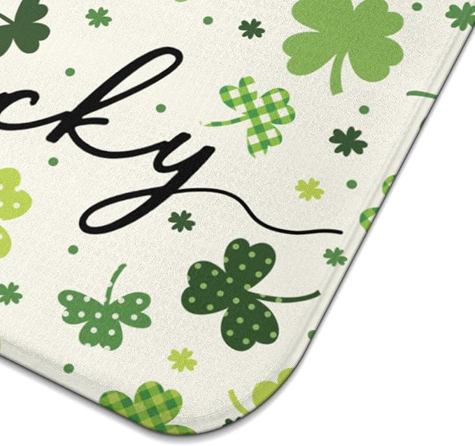 St. Patrick's Day Dish Drying Mat for Kitchen Counter, Green Four-Leaf Clover Microfiber Drain Mat, Shamrock Rug, Washable and Absorbent,18 x 24Inch