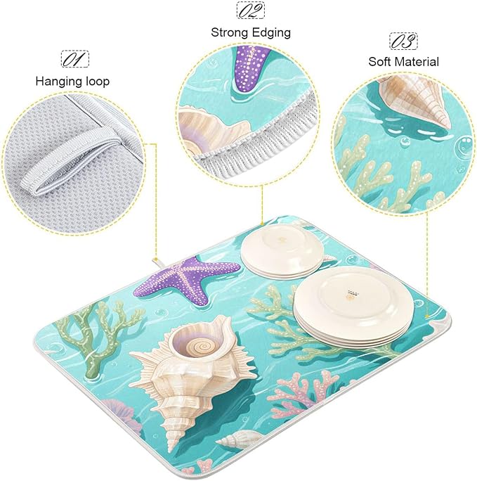 Coral Sea Shells Stars Pattern Dish Drying Mat for Kitchen Counter Super Absorbent Drying Mat 16x18 inch Large Dish Drying Matts for Countertop Protector Dishes Pad