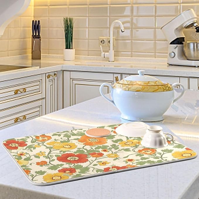 Retro Yellow Orange Flowers Dish Drying Mat for Kitchen Counter Absorbent Microfiber Drying Pad, Large 18x24 in, Reversible Drainer Mats