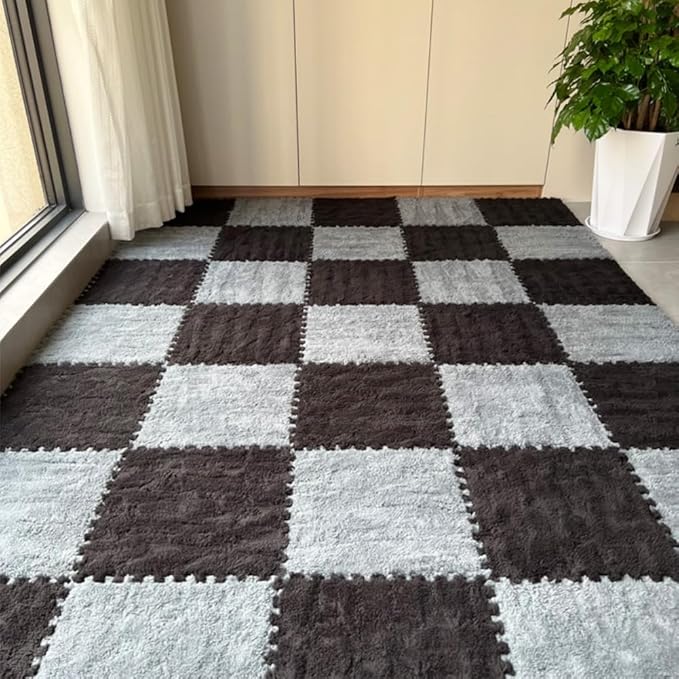 12Pcs Interlocking Carpet Tiles,12"x 12" Plush Interlocking Foam Carpet Tiles with Border,Fluffy Play Mat Floor Tiles Thick Padded Squares Foam Tiles for Playroom Decor (Grey+Black)