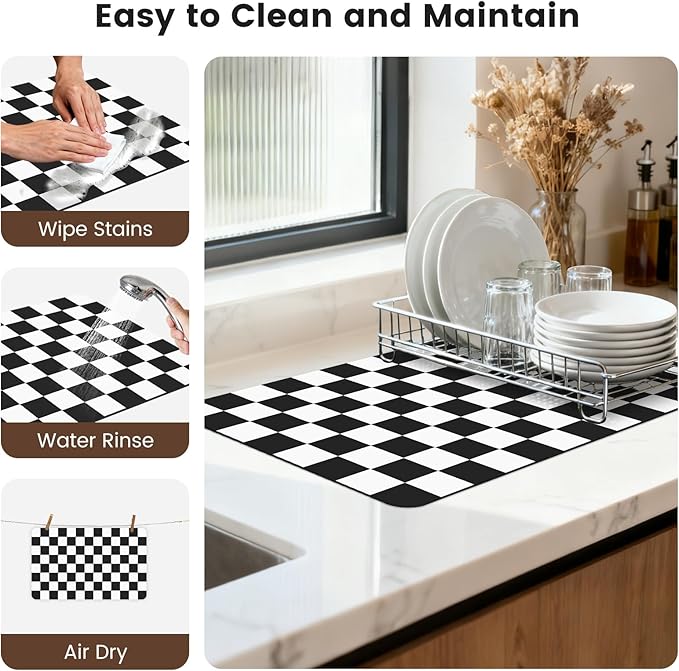 12" x 20" Checkered Dish Drying Mat for Kitchen Counter, Absorbent Coffee Bar Mat for Espresso Machine Coffee Countertops Accessories (Black)