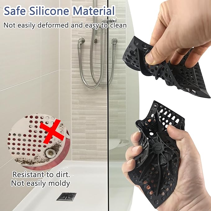 Shower Drain Hair Catcher, Square Silicone Shower Drain Cover for 4in Shower Room Floor Drain Protector, Dark Grey