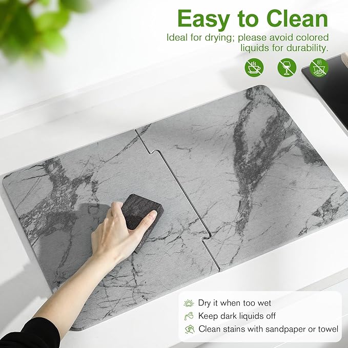 Luxspire Large Stone Drying Mat for Kitchen Counter 24"x16"- Fast-Absorbing Dish Drying Mat Non-Slip Stone Dish Drying Mat for Dishes, Cups Waterproof Counter Protector for Kitchen Bath, Marble Gray