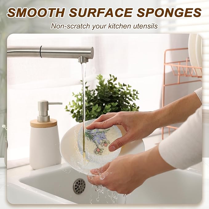 uxcell 6Pcs Cellulose Sponges, Round Kitchen Clean Sponges Non-Scratch Compressed Dish Scrubber with Floral Pattern for Kitchen Household Cookware Bathroom Cleaning & DIY, Purple