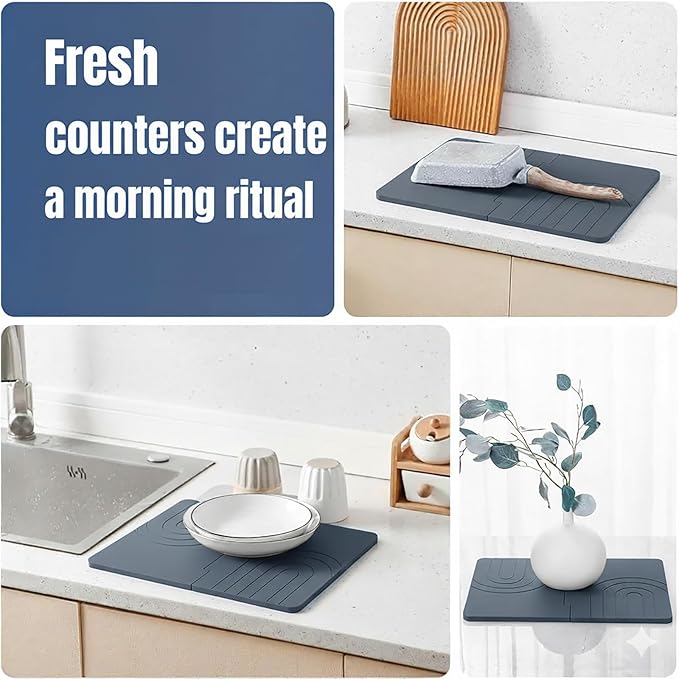 Stone Drying Mat for Kitchen Counter with 5 Wooden Feet, Dark Gary 19.7"×14.7" Diatomaceous Earth Dish Drying Mat, Elevated Drying Stone Mat for Modern Kitchen Countertop (Light Gray, Small)