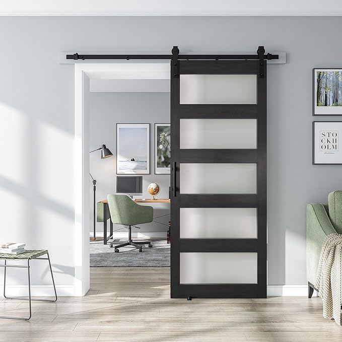 32'' x 84'' Glass Barn Door and 6 Ft Hardware Kit Included, MDF White Barn Door Slab with Frosted Glass, PVC Surface, Combined with Handle and Floor Guide-Assembly Required, Dark Grey