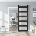 32'' x 84'' Glass Barn Door and 6 Ft Hardware Kit Included, MDF White Barn Door Slab with Frosted Glass, PVC Surface, Combined with Handle and Floor Guide-Assembly Required, Dark Grey