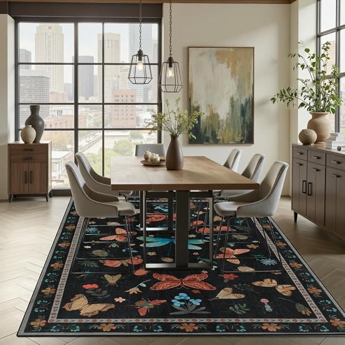 5x7 Washable Area Rugs for Bedroom & Living Room - Insect Floral Boho Vintage Rug,Soft & Non-Slip,Low Pile Wool Carpet for Indoor Dining Room,Girls Room,Nursery Room and Kids Room(Black)