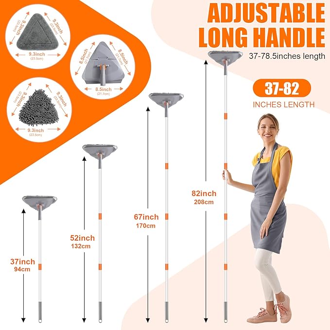 Wall Cleaner Mop with Long Handle 82 Inches, 3-in-1 Ceiling Cleaning Tool Duster Adjustable Length with Replacement Microfiber Chenille Pads (4 Pads)