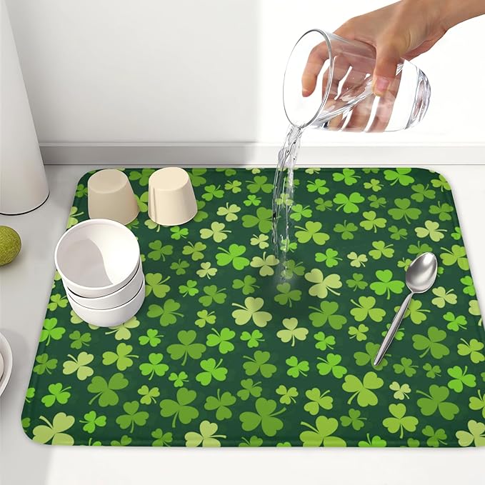 St. Patrick's Day Dish Drying Mat for Kitchen Counter,Irish Green Shamrocks Clover Leaves Drying Mat 16 x 18 Inch with Absorbent Reversible Microfiber Dish Drying Pad for Coffee Bar