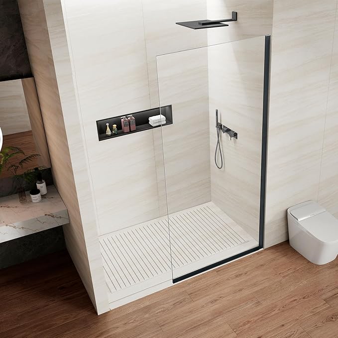 Shower Screen 34" x 74" Half Frameless Shower Wall Panel, Tempered Glass 3/8 inch, Easy to Clean Coating, Fixed Glass Shower Door with Hardware (Matte Black)
