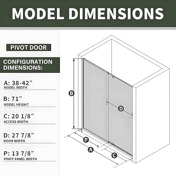 Pivot Glass Shower Door, 38-42" W x 71" H, 1/4"(6mm) Clear SGCC Tempered Glass, Brushed Gold Finish, Magnetic Closure, Reversible Installation