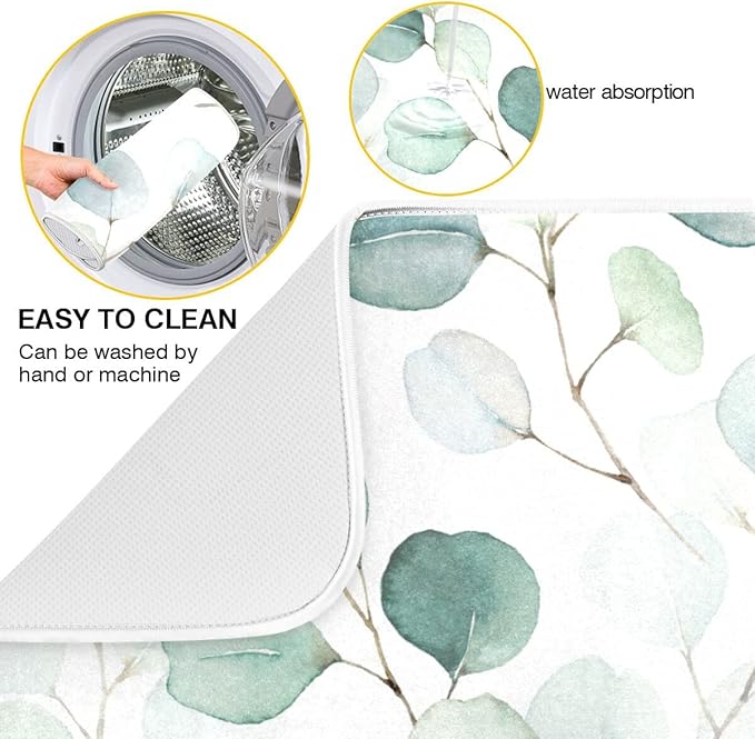 Green Leaves Dish Drying Mat 18x24 for Kitchen Counter Watercolor Herbs Women Pioneer Kitchen Drying Mats Dishes Pad Absorbent Fast Dry Dish Draining Mats Large Kitchen Accessories