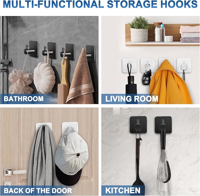 Adhesive Hooks for Bathrooms, 4 Piece Towel Hooks for Hanging Hat Robe Coat, Stick on Hooks for Kitchens, Strong Self-Adhesive No Damage Waterproof Stainless Steel Sticky Hook (White)