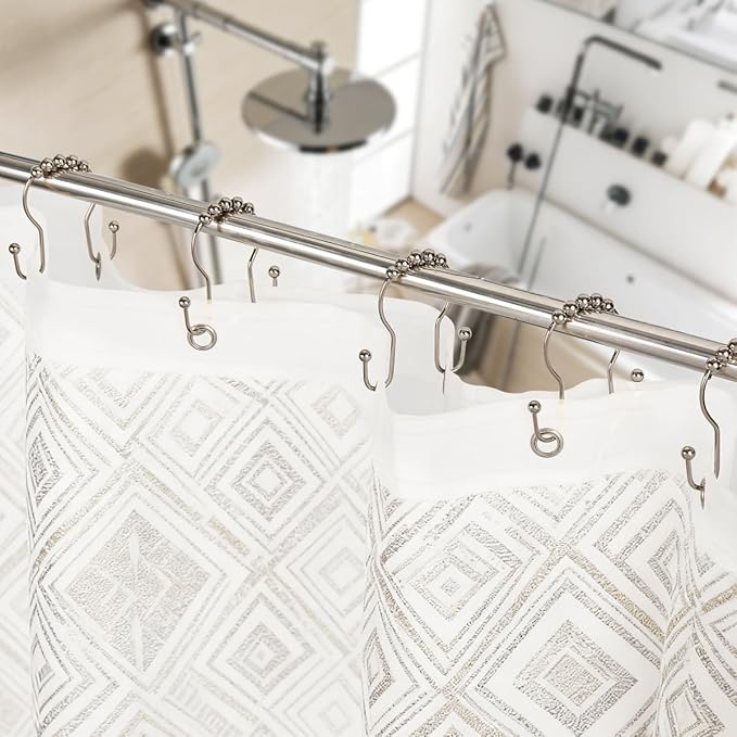 Double Shower Curtain Hooks, Sturdy Metal Nickel Shower Curtain Rings, Glide Roller Shower Hooks,Rust Proof Anti-Drop Curtain Hooks, 12 Pcs Smooth Sliding Rings for Bathroom Shower Rods Curtains