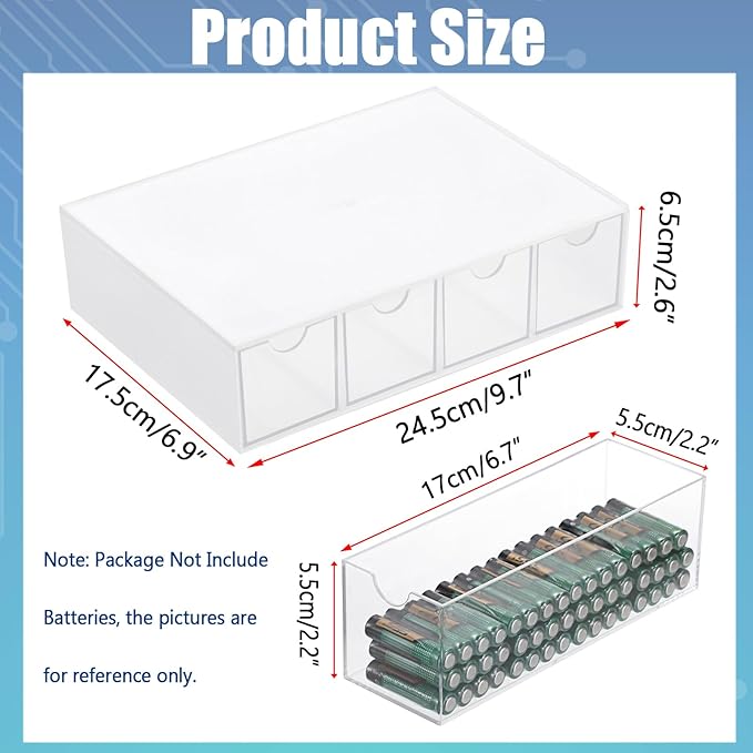 BTSKY 1 Pack White Acrylic Battery Storage Organizer for AA, AAA, 9V, C Batteries, 4-Drawer Storage Box Battery Holder Organizer for Common Types Batteries, Household Container(Batteries Not Included)