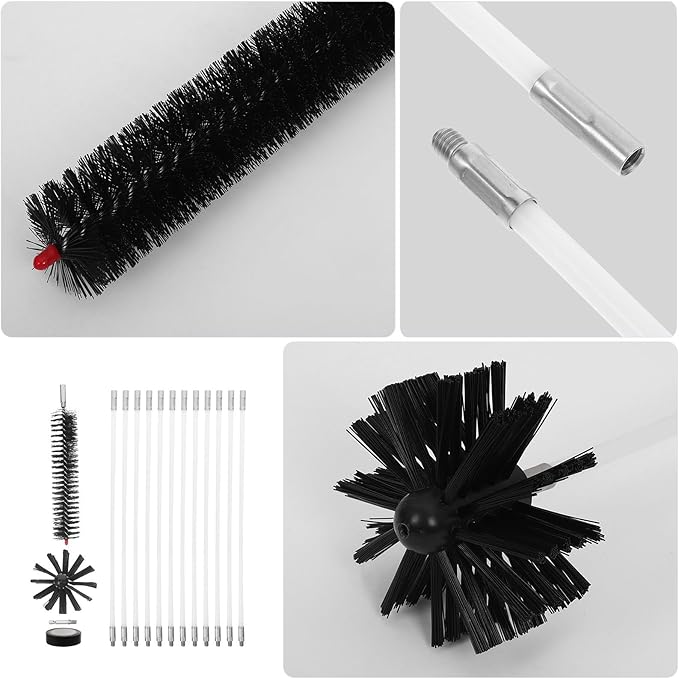 Chimney Cleaning Brush Set with Flexible Extendable Rods 4-Inch Wire Brush for Fireplace Stove Pipe Dryer Vent and Duct Cleaning 15Ft Reach Chimney Maintenance Kit