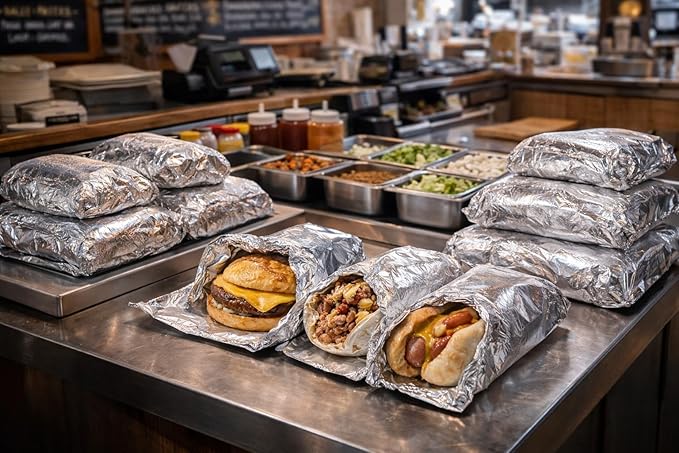 ANGEL’S PEEL LOUNGE Insulated Aluminum Foil Hamburger Bags - Precut Tin Foil Wraps For Burgers, Sandwiches, Hot Dogs, Heavy Duty Non Stick Grease-Resistant Food Wrapping, 6” x 11/8” x 61/2 100 PACK