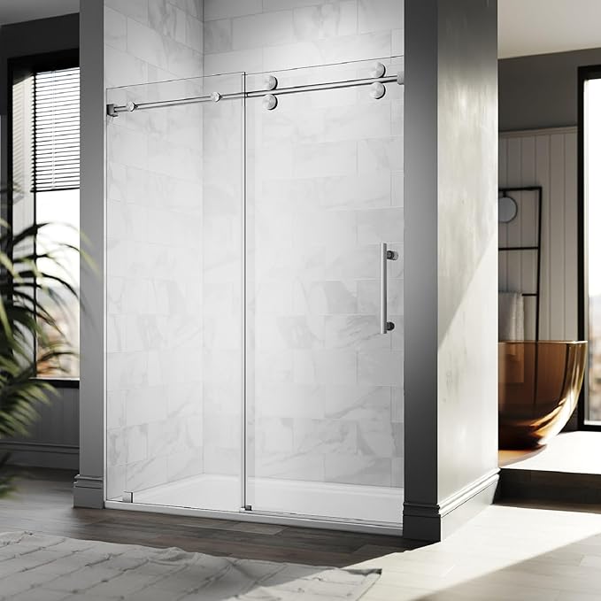 56-60 Inch x 84 Inch Sliding Frameless Shower Door, 3/8" Tempered Glass with Easy-Cleaning Coating, Stainless Steel Rollers & SGCC-Certified Stability, Brushed Nickel