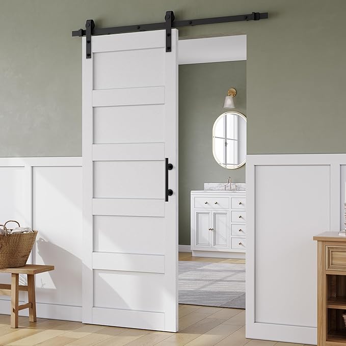 SmartStandard 30in x 84in Sliding Barn Door with 5FT Barn Door Hardware Track Kit & Handle, Waterproof PVC Surface, Pre-Drilled Holes Easy to Assemble, Solid, MDF, White, 5-Panel