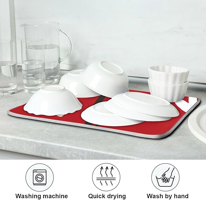 Happy Valentine's Day Dish Drying Mat for Kitchen Red White Love Heart Microfiber Drying Mats Absorbent Reversible Dish Pad Medium Dish Draining Mat 16x18 inch
