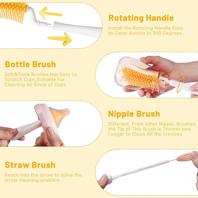 Bottle Brush Set,Travel Bottle Cleaner Kit with Baby Bottle Brush,UV Light,Straw Brush,Nipple Brush,Bottle Drying Rack for Home and Travel(Orange,Cylindrical)