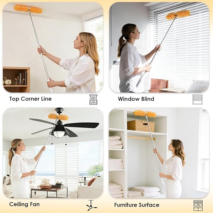 Extendable Duster Kit with 6FT Telescoping Handle & 12 PCS Duster Refills, 360° Disposable Microfiber Pads for Home Cleaning, Ceiling Fan, Blinds, Furniture (Duster Kit (13 PCS))