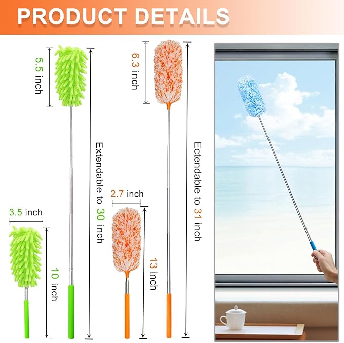 4 Pack Multi-Head Duster Kit, 13" to 30" Extendable Pole, Microfiber & Chenille Heads, Blue, Green, Orange, Multicolor, Washable, Bendable, For Furniture & Wall