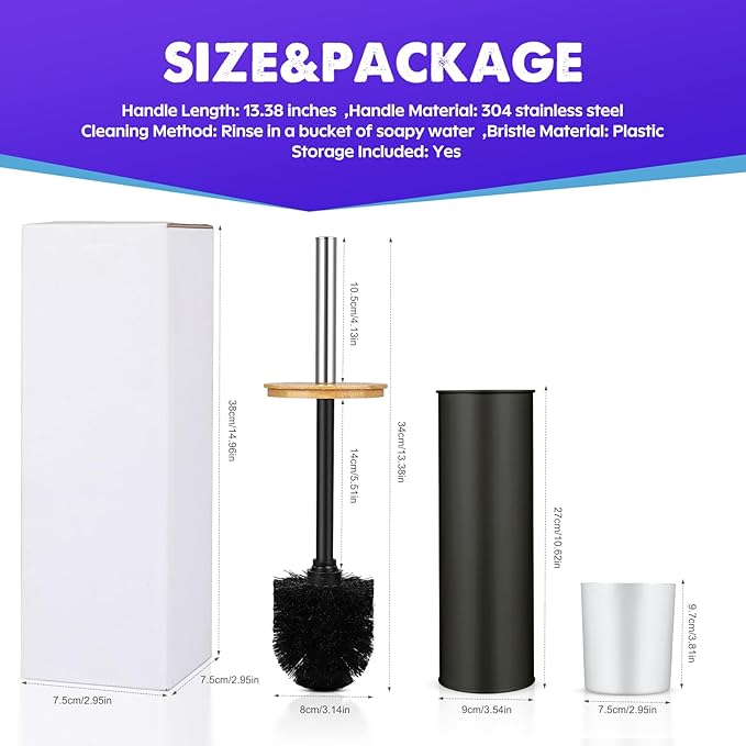 Compact Toilet Brush & Holder,SetStainless Steel Handle Toilet Brush,Deep Cleaning,Durable Nylon Bristles,Splash-Proof Design(White&Black)