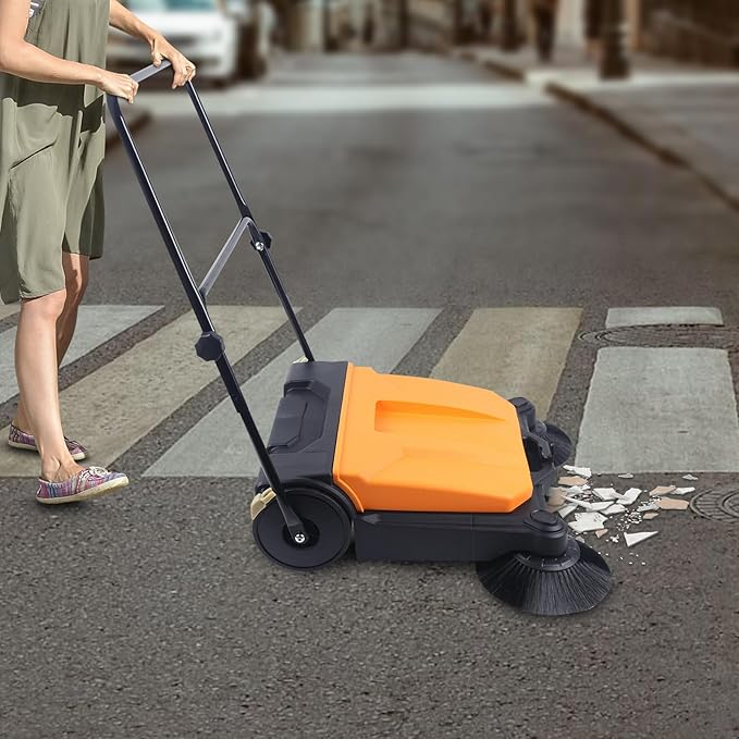 26Inch Walk-Behind Hand Push Floor Sweeper, Floor Sweeper Manual, 15L Portable Sweeping Machine with Cleaning Area 2720㎡/H, Angle & Height Adjustable Folding Handle for Walkway, Yard, Garage,Airports