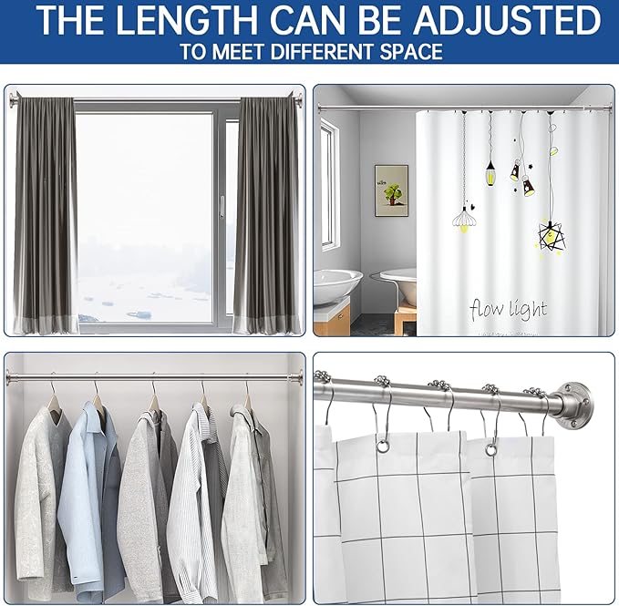 BRIOFOX Industrial Shower Curtain Rod - 2-in-1 Design Tension Curtain Rod - Rustproof Non-Slip 27 to 43 Inch 304 Stainless Steel, Brushed Nickel Window Curtain Rod