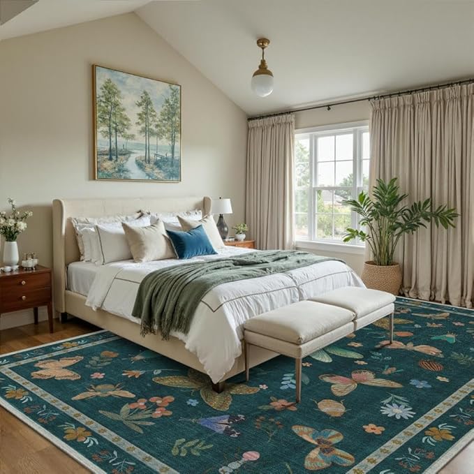 8x10 Washable Area Rugs for Living Room&Bedroom - Floral Boho Vintage Rug,Soft & Non-Slip,Low Pile Wool Carpet for Indoor Dining Room,Girls Room,Nursery Room and Kids Room(Teal)