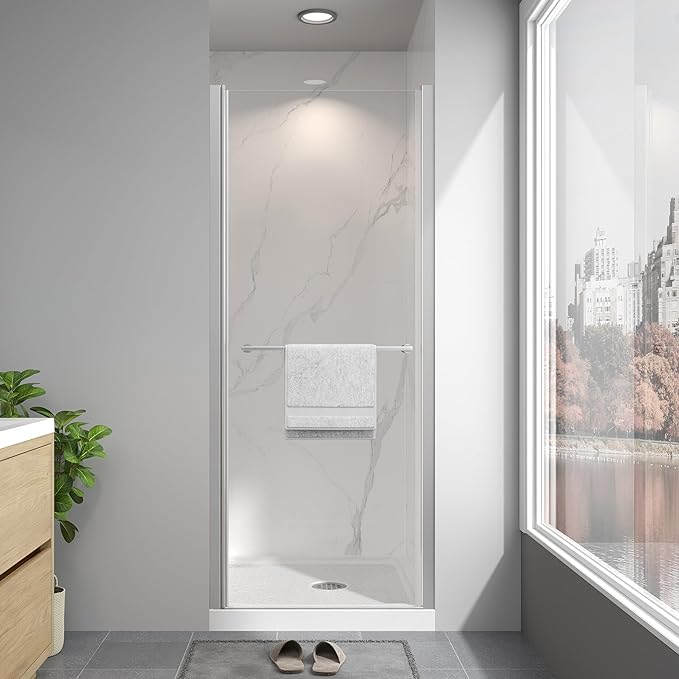 Frameless Pivot Shower Door 24"-26" W x 72" H, Swing Shower Glass Doors with Nano Explosion-Proof Film Tempered Glass 1/4"(6mm) Reversible Installtion, Brushed Nickel Finish