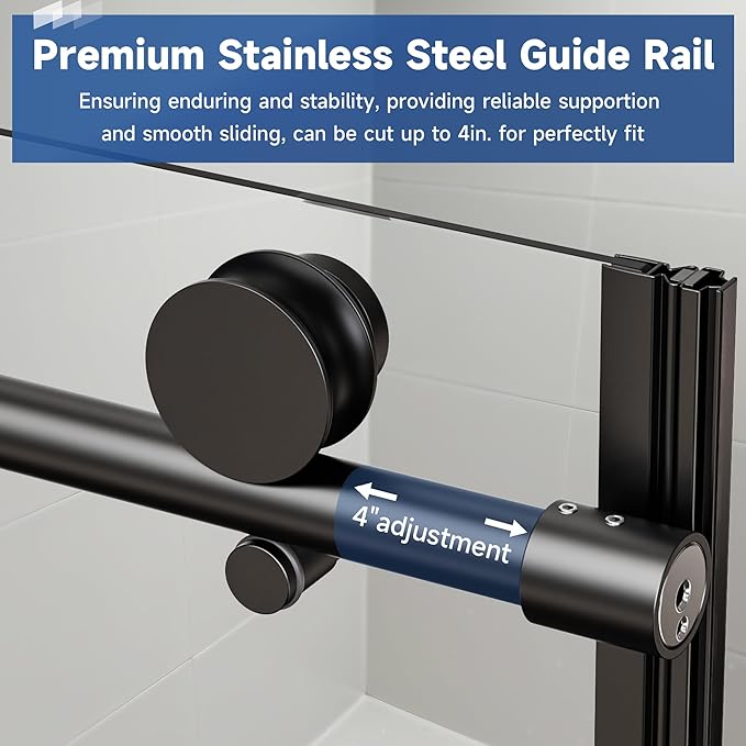 Frameless Sliding Shower Door 56-60" W x 76" H, 1/4" Tempered Glass Matte Black Reversible Single Bypass Sliding Design with Stainless Steel Rollers Soft-Close Waterproof Seal for Modern Bathroom