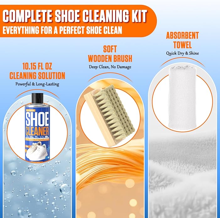 Shoe Cleaner – 10.15 fl oz Shoe Cleaning Kit with Brush & Towel, Sneaker Cleaner Solution for White Shoes, Leather, Canvas, Mesh & Boots – Removes Dirt & Stains