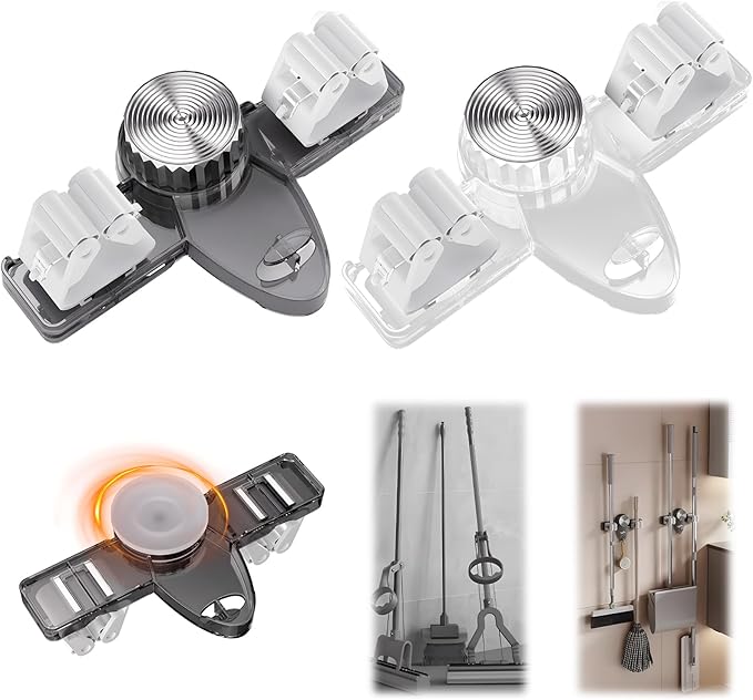 Broom Holder Mop Hanger Wall Mount, No Drill Suction Cup Mop and Broom Organizer with Hooks, Space Saving Adjustable Rack Removable Mop Clip for Bathroom, Kitchen, Garage, Laundry Room (2PCS)