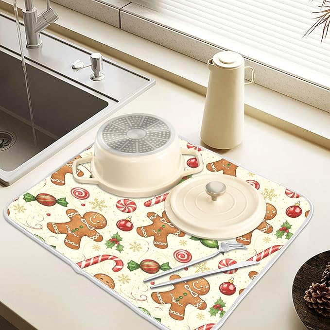 Christmas Gingerbread Cookie Man Sugar Dish Drying Mat for Kitchen Counter Absorbent Microfiber Small Drying Pad Dish Mats for Kitchen Countertops 16 x 18 Inch