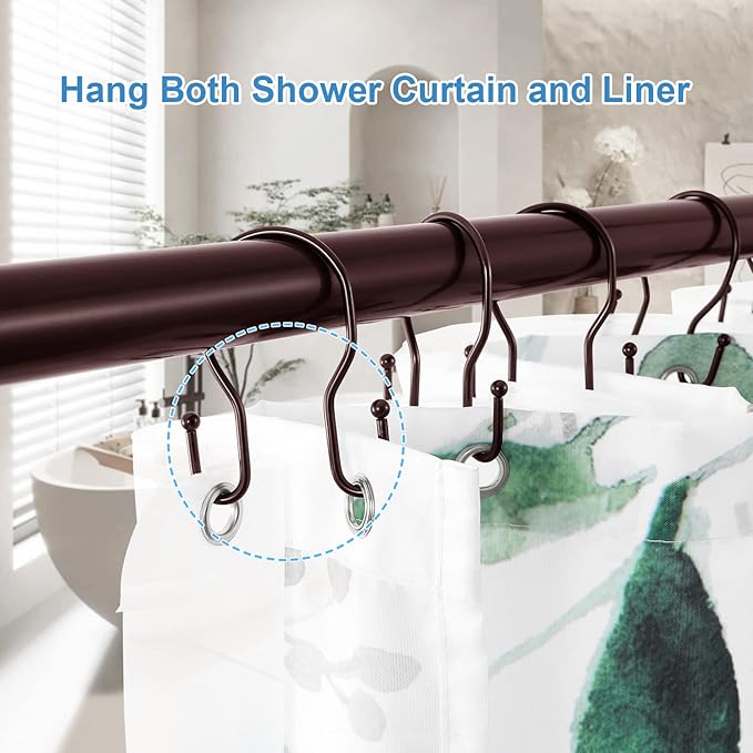 24 Pack Double Shower Curtain Hooks Rings, TENOVEL Double Sided Shower Curtain Hooks Rust Proof for Shower Curtain, Stainless Steel Bathroom Shower Hangers Rings for Shower Rods, Bronze