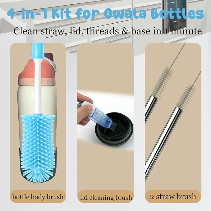 4 Pack Bottle Brush Cleaner Water Bottle Brush Cleaning Kit Straw Cleaner for Owala Freesip, Bottle Cleaner for Stanley Silicone Brush for Tumbler Sport Bottles, Water Bottles