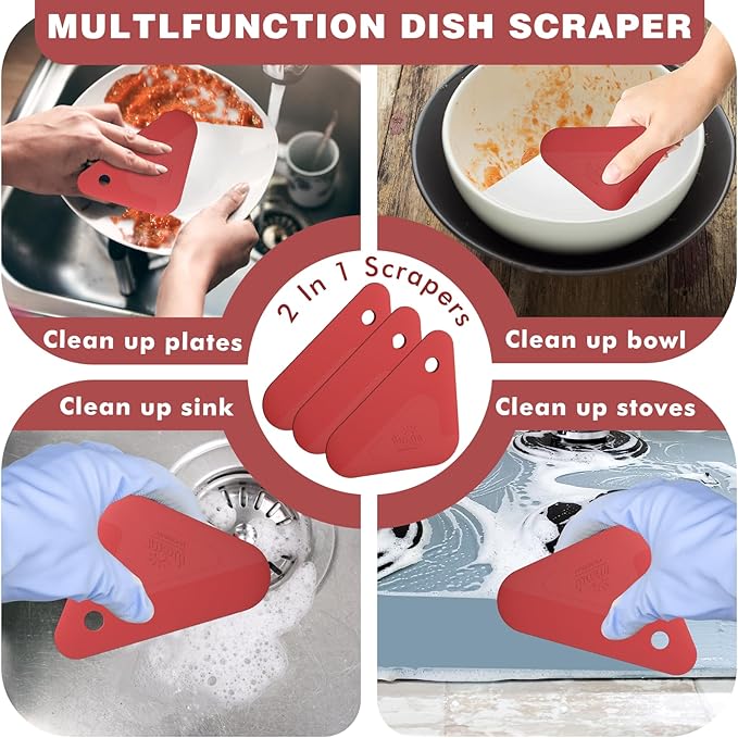 Food Scraper, 2-in-1 Pot and Pan Dish Scraper, Nylon and Silicone, Kitchen Scraper Tools for Cast Iron Skillets, Cookware, Dishes, Pans and Pots, Heat Resistant, Set of 3 - Red