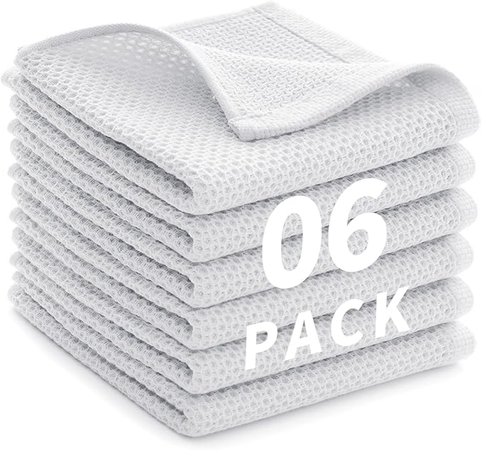 Cotton Dish Cloths 6 Pack,12x12 Inch – Super Absorbent, Quick-Dry & Reusable Kitchen Cleaning Cloths, Lint-Free Washable Towels for Dishes, Glass & Household Use(White)