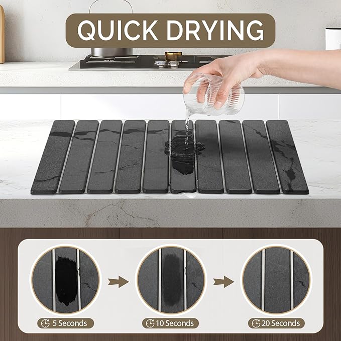 Large Stone Dish Drying Mat for Kitchen Counter, 2PCS Quick Dry Stone Dishes Mat,Foldable Water Absorbing Diatomaceous Drying Organizer Pad for Plate Rack Bottles Utensils(Dark Gray 24"×16" & 8"x4")