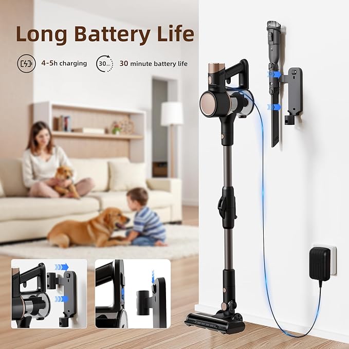 COWSAR Cordless Stick Vacuum Cleaner, Bagless Lightweight Stick Vacuum for Carpet and Floor, 8-in-1 Rechargeable Wireless Powerful Suction Vacuum Cleaner for Home, Gray