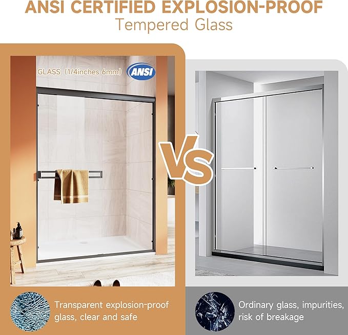 Shower Door 50-54 in. W x 72 in. H, UCALAFEE Semi-Frameless Double Sliding Shower Door with 1/4" (6mm) SGCC Clear Tempered Glass, Silent Soft-Close & Anti-Leak Walk-in Shower Door, Matte Black