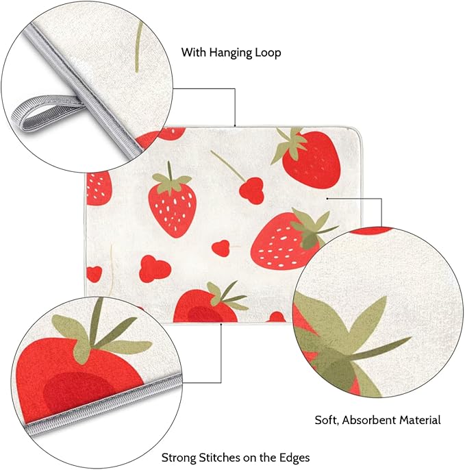 Dish Drying Mat for Kitchen Absorbent Drying Mat Reversible Dish Drying Pad Dish Drying Mats for Kitchen Counter Utensils Pots Water Cup Pink Strawberry